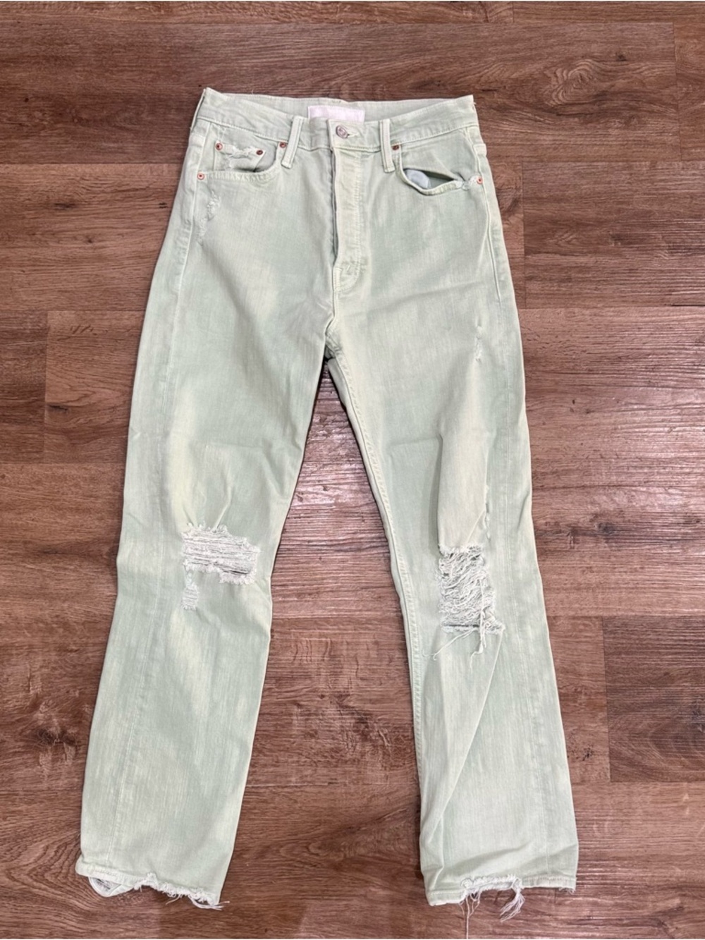 MOTHER Tomcat Distressed Jeans Chew Mint Green Crop High-Rise Distressed Jeans - Picture 2 of 7